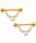 Gold Glitter CZ V-Shape Nipple Ring Set Dope 16G Five Eighth Inch Barbell Tongue Ring 4mm Ball Stainless Steel Body Jewelry