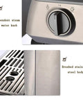 Top Shelf Bean To Cup Coffee Maker Featuring A Heavy Duty 15 Bar Pump And Integrated Milk Frother For Pulling Smooth Double Shots And Tasty House Made Lattes Anytime showing brushed stainless steel body and steam hot water knob.