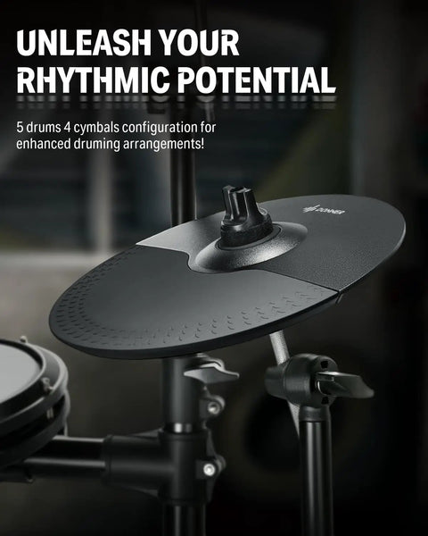 Close-up of cymbal and drum from DED-200X Electronic Drum Set With Quiet Mesh Pads And Realistic Feel, 31 Kits And 450 Sounds.