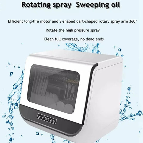 No Fuss Countertop Portable Dishwasher With Five Smart Wash Cycles And Turbo High Temp Sanitizing featuring rotating spray arm and control panel.