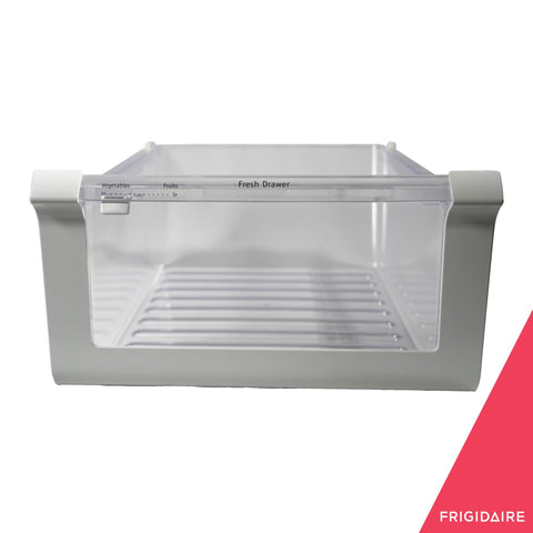 Front view of clear Crisper Drawer Replacement for Refrigerators, Easy Snap In Install, Fits Model 241801801, Durable Veggie Tray.