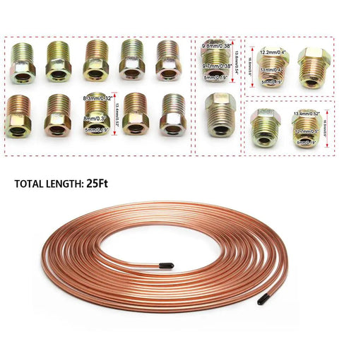 25 Feet Three Sixteenth Inch Copper Brake Line Kit With 16 Inverted Flare Fittings Zinc Plated Copper Tubing