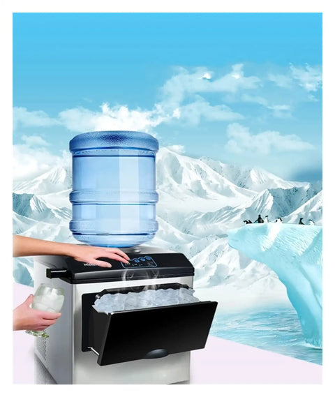 Pro Hustle Electric Countertop Bullet Ice Maker Machine For Home RV Campsite with water barrel, producing ice in a cold setting.