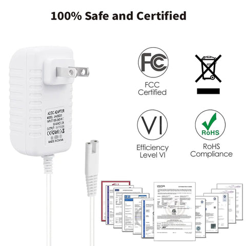 Charger For Water Flosser Replacement Power Cord 3V DC 200mA 5FT 2 Prong Adapter Power Supply with safety certifications