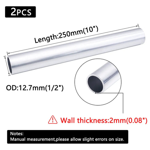 6061 Aluminum Round Tubing Two Pack One Half Inch Outer Diameter Seamless Tube With 0.08 Inch Wall And Ten Inch Length For DIY Projects