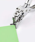 3 In 1 Badge Slot Hole Punch, beefy heavy duty card cutter for PVC plastic, close-up cutting green cardstock, all-metal tool