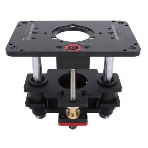 Rock Solid Router Lifting System With Quick Turn Crank And Tight Micro Tweaks For Woodworking Router Tables showing the beefy mounting plate and crank lift.