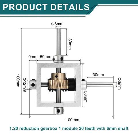 Diagram of 90 Degree Right Angle Worm Gearbox One To Twenty Reduction 1 Module With 20 Teeth Worm Gear Aluminum Frame 6mm Shaft
