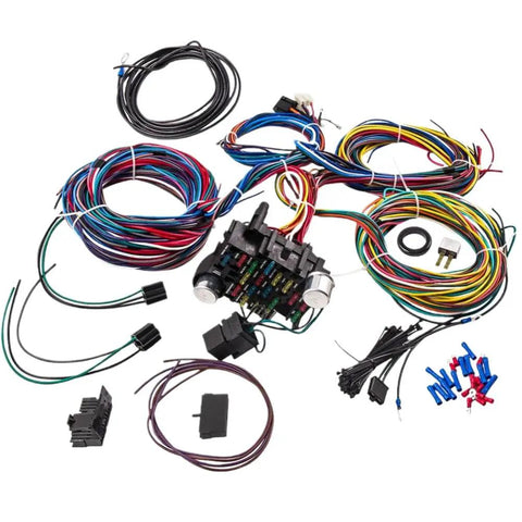 Universal 12V Wiring Harness And Fuse Kit With Plug And Play Connector, 21 Circuits And 17 Fuses, color coded wires visible