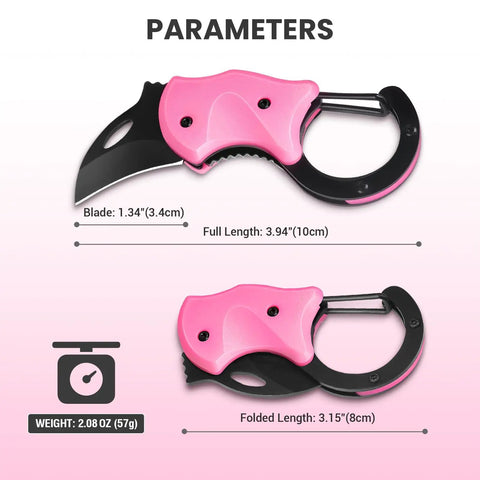 Pink Keychain Knife For Mom Cute Box Cutter Small Pocket Knife Gadget For Everyday Carry 1.34 Inch Blade EDC Tool Stocking Stuffers Christmas Gift For Her, folded view with parameters shown.