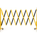 Rock Solid Expandable Metal Safety Gate With Lockable Caster Wheels Heavy Duty Folding Security Barrier in yellow and black.