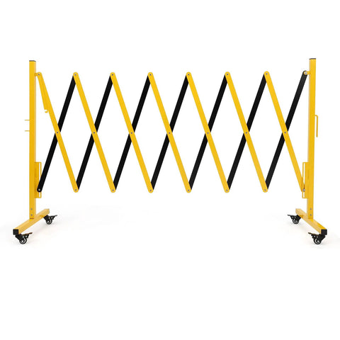 Rock Solid Expandable Metal Safety Gate With Lockable Caster Wheels Heavy Duty Folding Security Barrier in yellow and black.