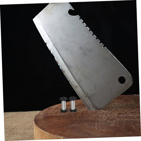 Boss Grade Stainless Steel Knife Handle Screws With Locking Spindle Pins Two Pack next to a cleaver on wooden cutting board.