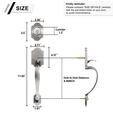 Double Door Lock Set With Handle And Dummy, Satin Nickel Finish, Single Cylinder Deadbolt dimensions and size details chart