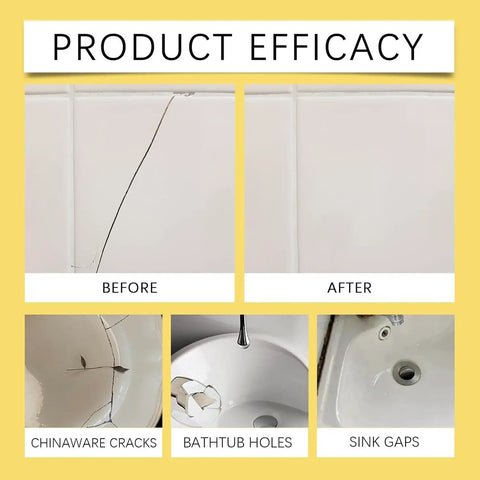 All In One Tile And Stone Repair Kit For Diy Use With Quick Drying Glue To Fix Cracks Chips And Small Damage On Tile Granite And Marble Surfaces Seamless Color Match For Kitchen Bathroom Balcony demonstrating repair on chinaware cracks, bathtub holes, and sink gaps.