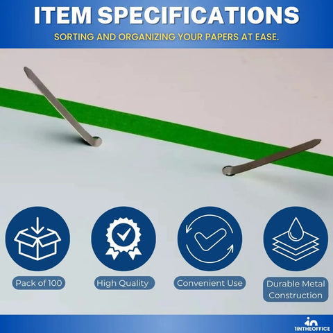 Metal Prong File Fasteners, 2 Inch Prongs, 2.75 Inch Center-To-Center, Pack Of 100, Silver Finish, shown with item specifications.