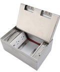 Tough As Nails Recessed Floor Power Outlet Kit With No Fuss Press Handle Cover showing stainless steel housing and interior details.