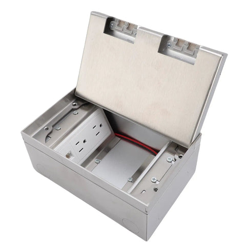 Tough As Nails Recessed Floor Power Outlet Kit With No Fuss Press Handle Cover showing stainless steel housing and interior details.