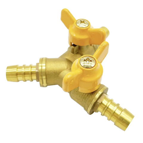 Brass Three Eighth Inch Hose Barb Y Shaped Three Way Shut Off Valve With Two Switches For Water Fuel And Air Applications