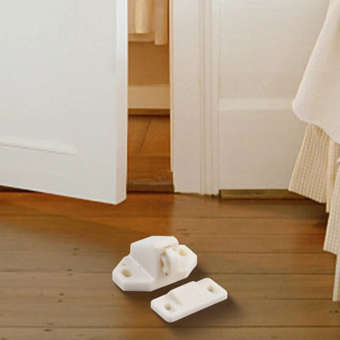 Five Pack Door Roller Catch Set With Spring Loaded Strike In White ABS for cabinets and closets, shown near open door