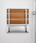Folding Shower Seat Wall Mounted Bench Teak Wood Chair With 350 Lb Capacity Water Repellent Lacquer Finish Aluminum Bracket And Base
