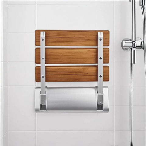 Folding Shower Seat Wall Mounted Bench Teak Wood Chair With 350 Lb Capacity Water Repellent Lacquer Finish Aluminum Bracket And Base