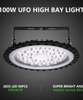 100W UFO High Bay Light, black circular design with LED lights, metal bracket for mounting, energy-saving light fixture