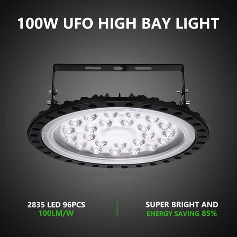 100W UFO High Bay Light, black circular design with LED lights, metal bracket for mounting, energy-saving light fixture