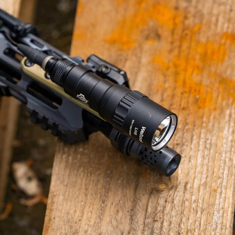 LH8 V2 Weapon Light Head Potted 5700K mounted on a tactical rail, showcasing long throw flashlight.