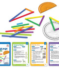 AngLegs Classroom Set With 30 Protractors And Geometry Manipulatives For Hands-On Learning, including activity cards and colorful pieces.
