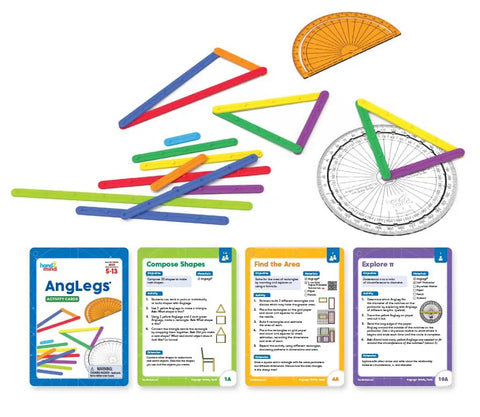 AngLegs Classroom Set With 30 Protractors And Geometry Manipulatives For Hands-On Learning, including activity cards and colorful pieces.