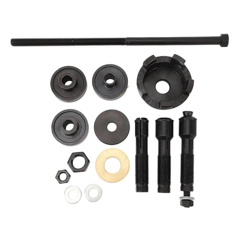 Rad 14 Piece Motorcycle Wheel Bearing Puller Tool Kit With Heavy Duty Metal Components For Removing And Installing 0 75 In 1 In 25 Mm Bearings Effortlessly Comes With Convenient Carrying Case To Fix Your Ride Like A Boss Today., 14-piece black steel bearing puller parts laid out on white background