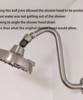 Leak-Proof 360 Degree Swivel Shower Head Adapter With Ball Joint, Universal Arm Connector For Adjustable Showers, No-Fuss Durable Brass And Chrome Build In Brushed Nickel Finish installed on shower arm, angled shower head