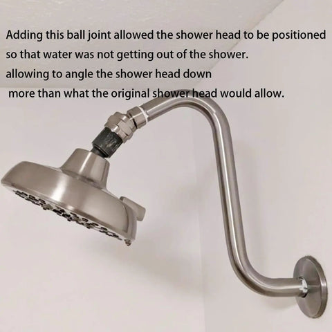 Leak-Proof 360 Degree Swivel Shower Head Adapter With Ball Joint, Universal Arm Connector For Adjustable Showers, No-Fuss Durable Brass And Chrome Build In Brushed Nickel Finish installed on shower arm, angled shower head