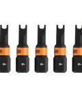 Rock Solid Spanner Snake Eye Impact Driver Bits Five Piece S2 Steel Heat Hardened One Inch Long Quarter Shank Precision Ground Anti Strip Pro Workhorse Kit For Daily Job Site Grind, showing five black spanner bits with orange markings.