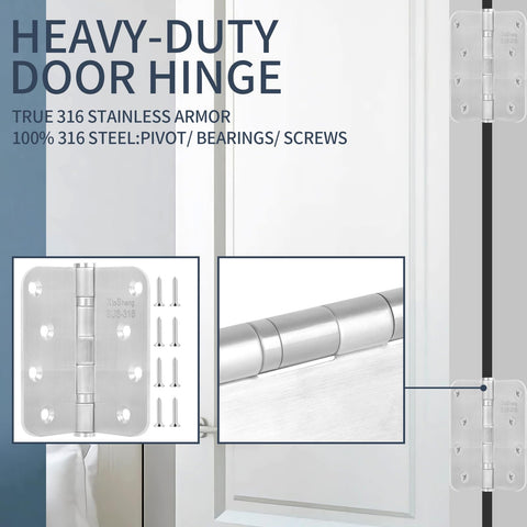 Heavy Duty 4 Inch Door Hinges Marine Grade 316 Stainless Steel Ball Bearing 5 By 8 Radius shown with screws