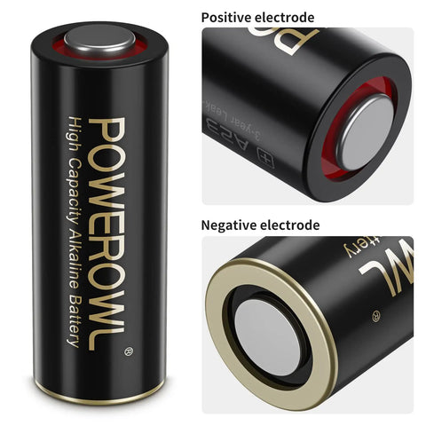 High Performance A23 Batteries 6 Pack 12V Alkaline Power For Garage Door Remote Home Security Keypads Smart Locks And Battery Toys Rock Solid Built Different showing positive and negative electrodes.
