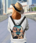 Mini Backpack Purse For Women With Adjustable Straps, featuring kangaroo pocket sunglasses holder, on a woman's back in city setting