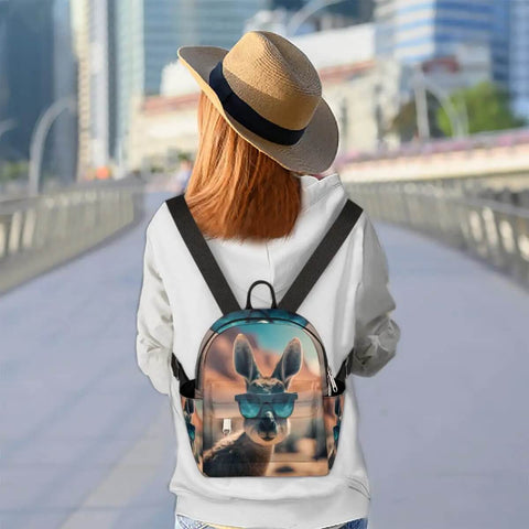 Mini Backpack Purse For Women With Adjustable Straps, featuring kangaroo pocket sunglasses holder, on a woman's back in city setting