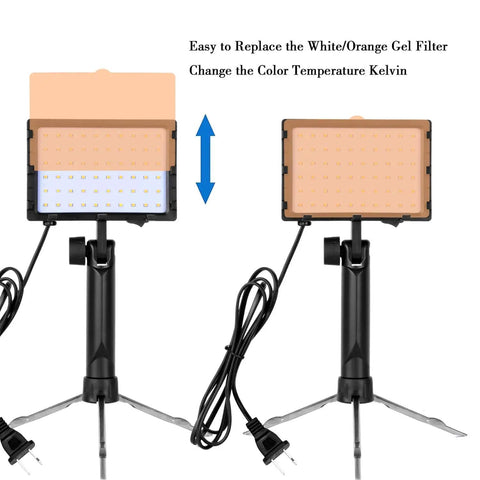Two 60 LED Portable Photo Lighting Kit with Adjustable Tripod Stand showing color filter change: white to orange.