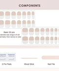 Components of Semi Cured Gel Nail Strips Real Gel Nail Polish UV Wraps For Brittle Nails Long Lasting Easy Peel Off Removal Hema Free Nude French Tip Salon Sticker Kit With File And Stick, includes 30 pieces with wood stick and file.