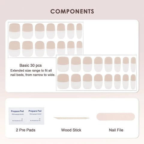 Components of Semi Cured Gel Nail Strips Real Gel Nail Polish UV Wraps For Brittle Nails Long Lasting Easy Peel Off Removal Hema Free Nude French Tip Salon Sticker Kit With File And Stick, includes 30 pieces with wood stick and file.