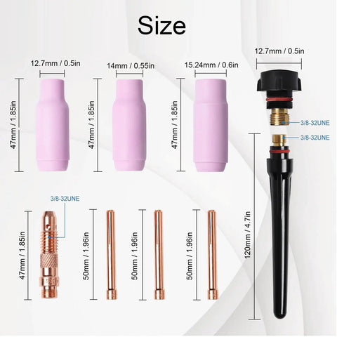 Dimensions of TIG Welding Torch 150A With 35 To 50mm2 Connector including parts and sizes for welding on MIG200 MIG250 MIG205 Pro