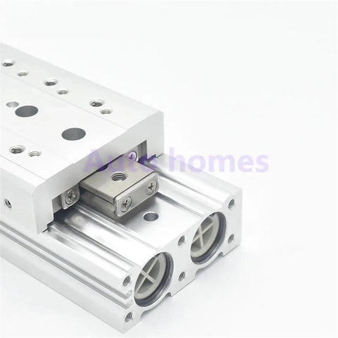 Heavy Duty Double Acting Pneumatic Actuator For Air Slide Tables With Smooth 8mm Bore Design And Multiple Stroke Lengths For Deadnuts Precise Automation Fixes close-up view of dual acting cylinder with precision mounting holes.