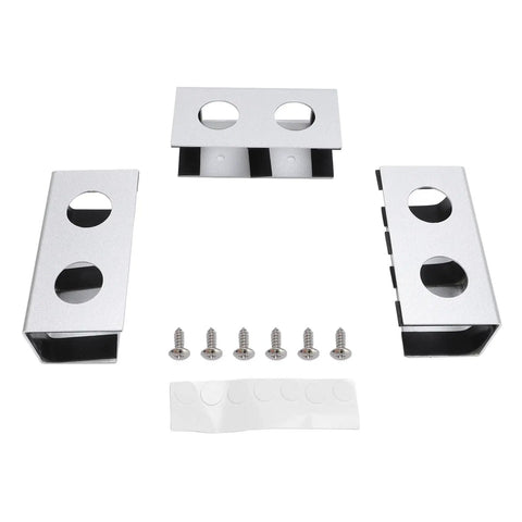 Slick Silver Under Desk Laptop Mount With Solid Aluminum Shelf And Anti Scratch Silicone Pads hardware components including brackets and screws.