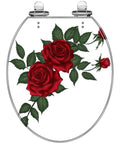 Round Resin Toilet Seat for Bathroom featuring red rose design on a white background, 14.5" x 16.5" size.