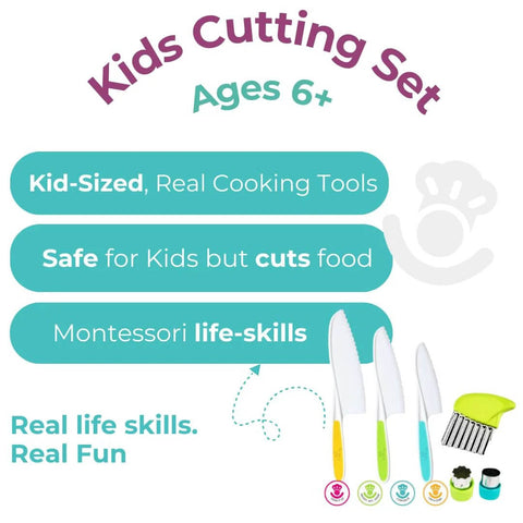 Amazon Kids Cutting Set front view: kid-sized, safe toddler knives with color-coded handles.