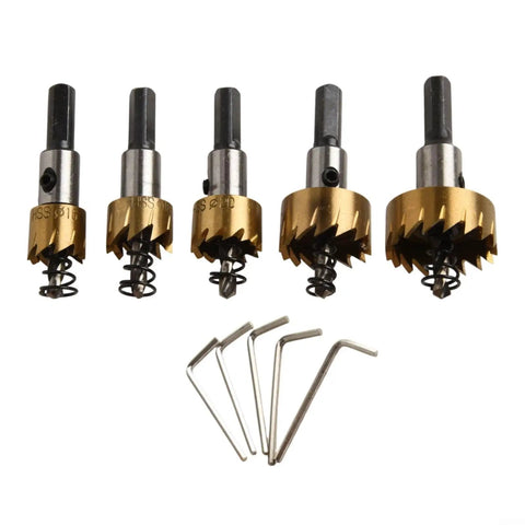 Top Notch 5 Piece Hole Saw Set With Pilot Bits For Stainless Steel Metal Aluminum Alloy Cutting Kits Gold HSS High Speed Steel Durable Tools, five sizes with wrench