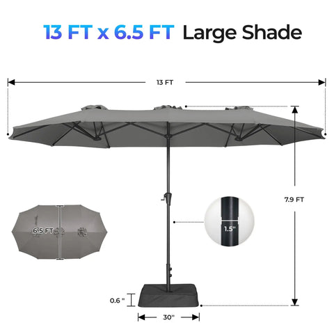 13 Foot Outdoor Patio Umbrella With Base Included, Double Sided Fade Resistant Canopy, Massive Shade For 2 To 6 Seats, dimensions shown