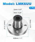 LMK6UU Linear Ball Bearing 6mm Bore 12mm OD 19mm Long With 3.5mm Hole Double Side Rubber Seal 4 Pack Round Flange Bushing